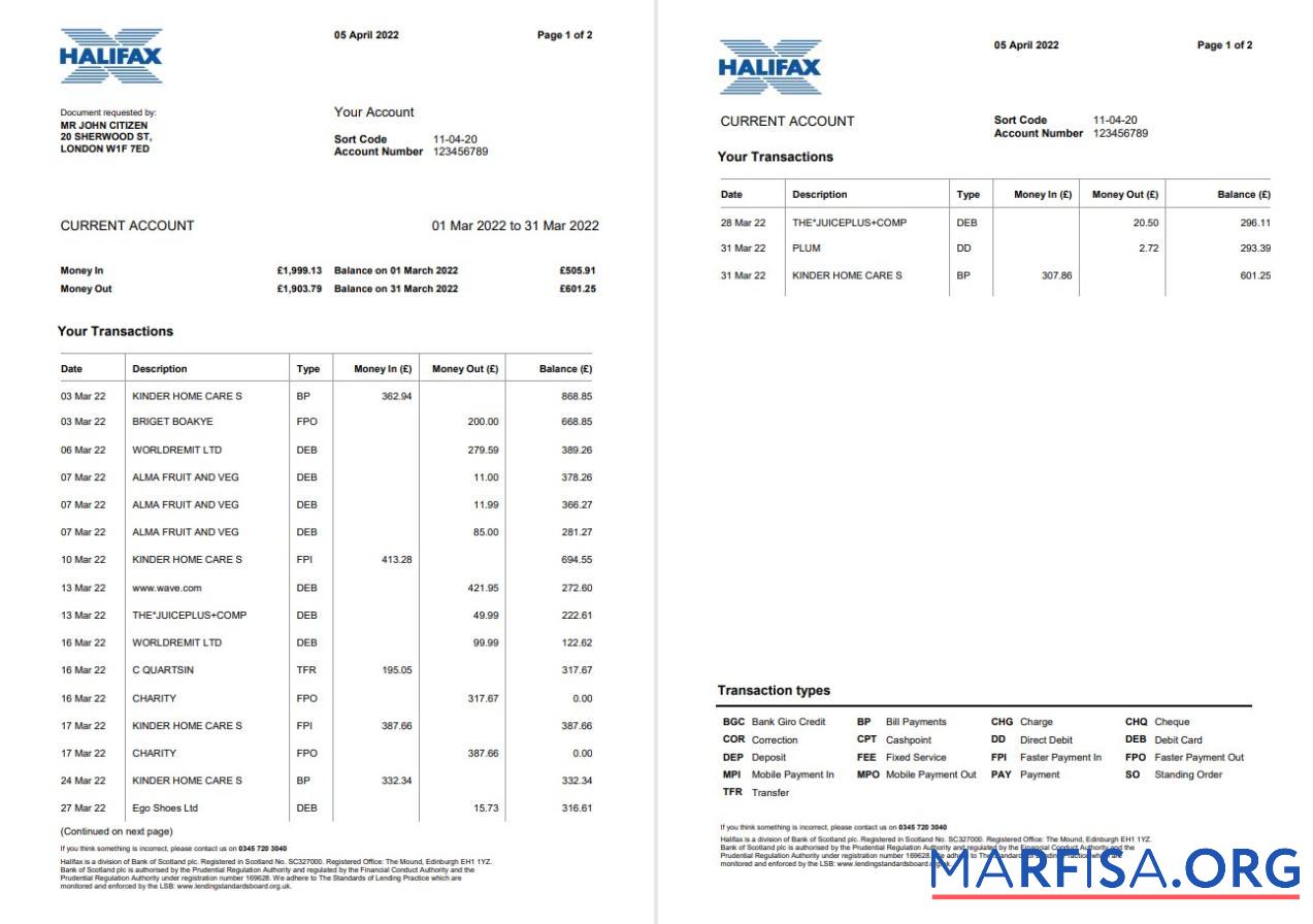 Printable United Kingdom Halifax bank statement word 2 pages, version 2 template